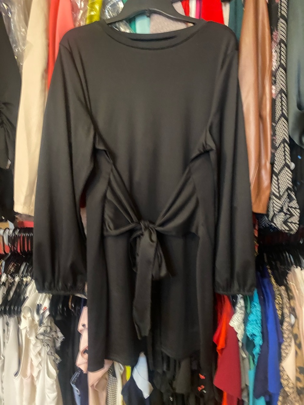 Women's Black Long-Sleeve Tie-Front Dress